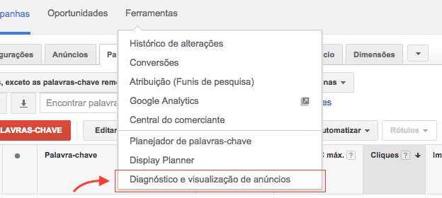 diagnóstico e visualização de anúncios