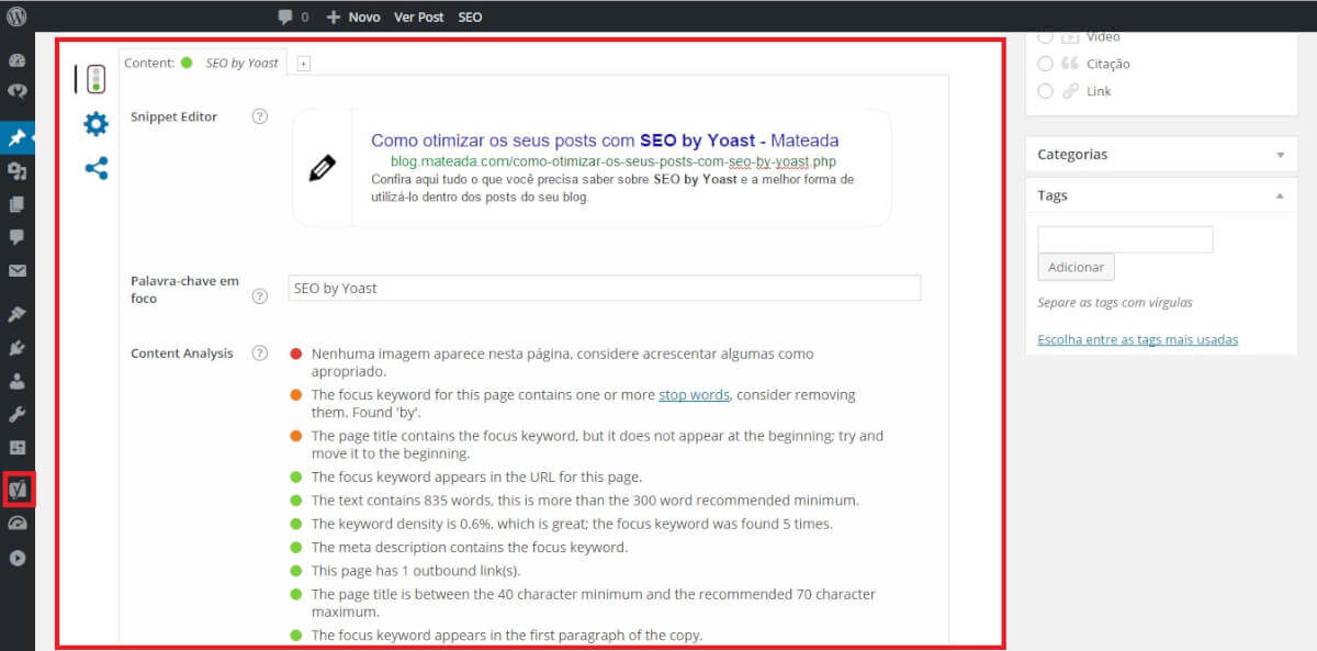 Tela do plugin WordPress by Yost na página de publicação do post