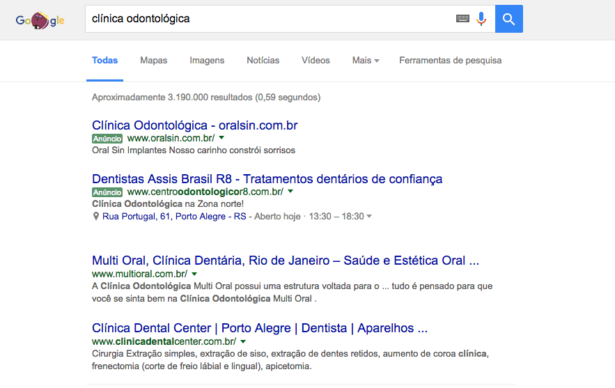 Resultado de busca do Google com anúncios e resultados orgânicos