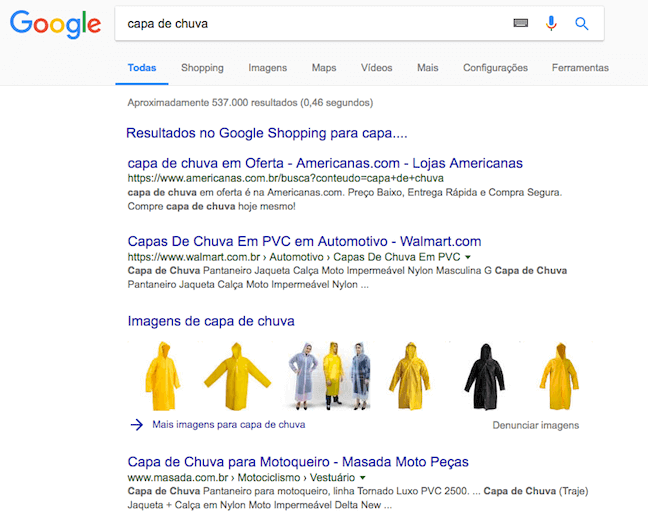 Resultado de busca do Google com bloco de imagens