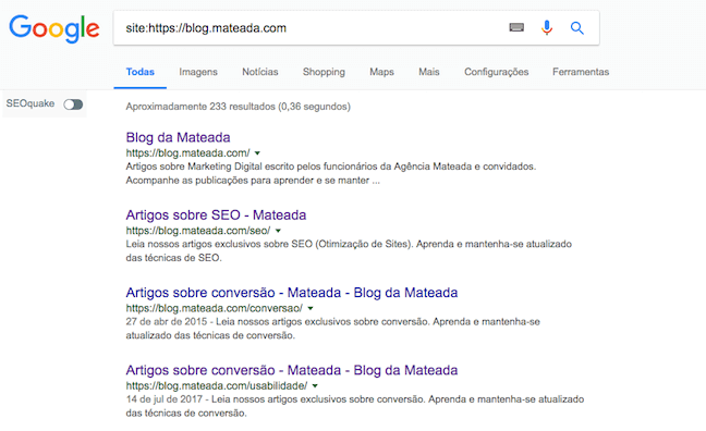 Mateada aparecendo nas buscas do Google