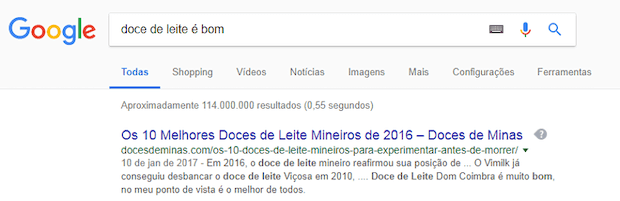 Print que mostra o número aproximado de resultados de busca no Google para uma palavra-chave específica