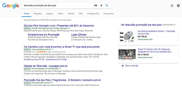 Google com os anúncios de Dia dos Pais