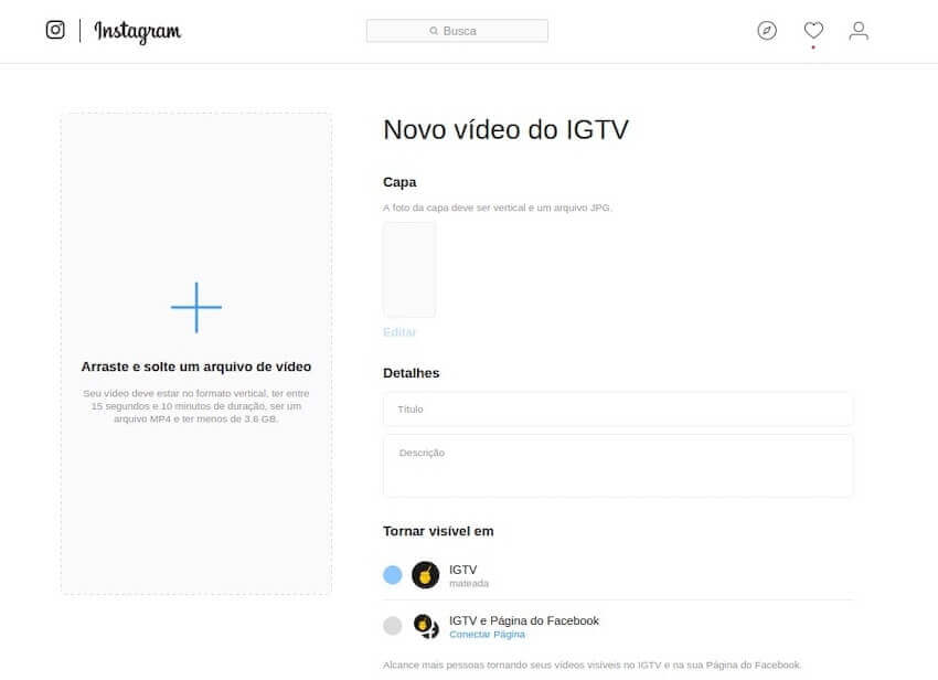 Página de upload no IGTV no desktop