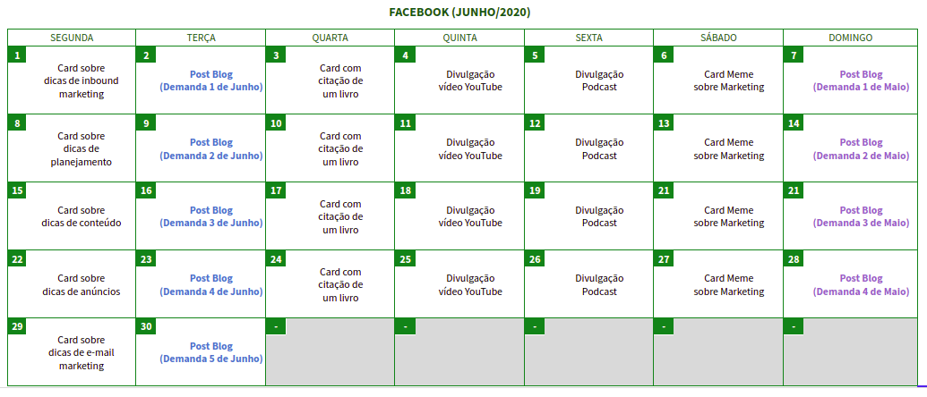 Calendário editorial Facebook