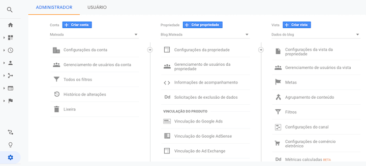 Print da Área do Administrador no Google Analytics