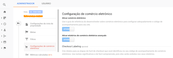 Print da tela de Configuração de Comércio Eletrônico no Google Analytics