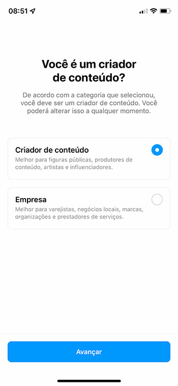 Selecionar tipo de conta no Instagram