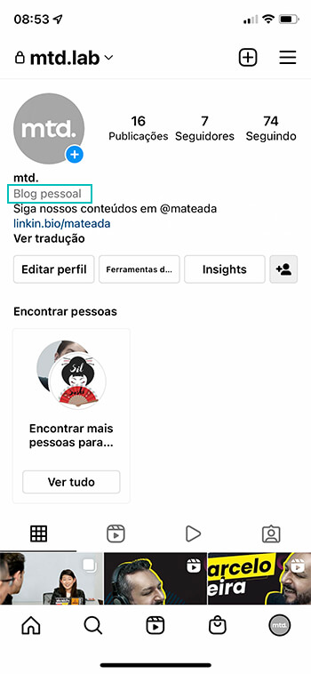 Blog Pessoal Aparecendo no perfil do Instagram