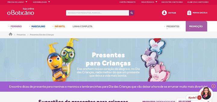 Campanha de Dia das Crianças no site de O Boticário