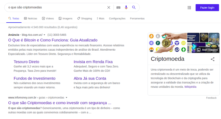 Print de uma Pesquisa no Google por Criptomoedas