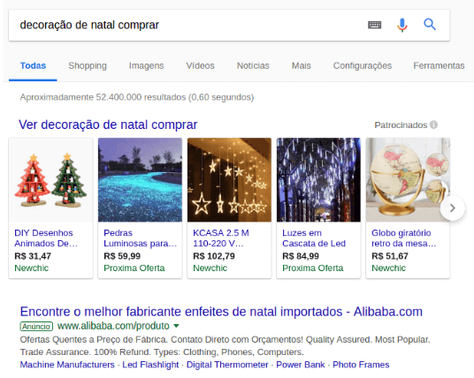 Anúncios do Google Shopping como primeiros resultados.