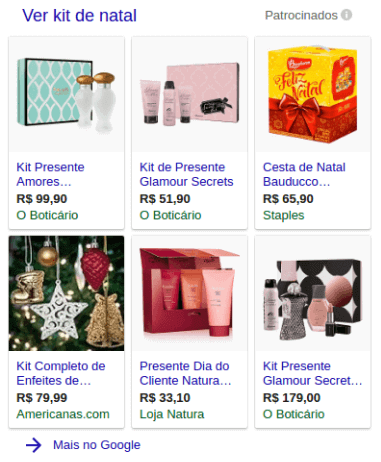 Anúncios do Google Shopping como vitrine lateral.