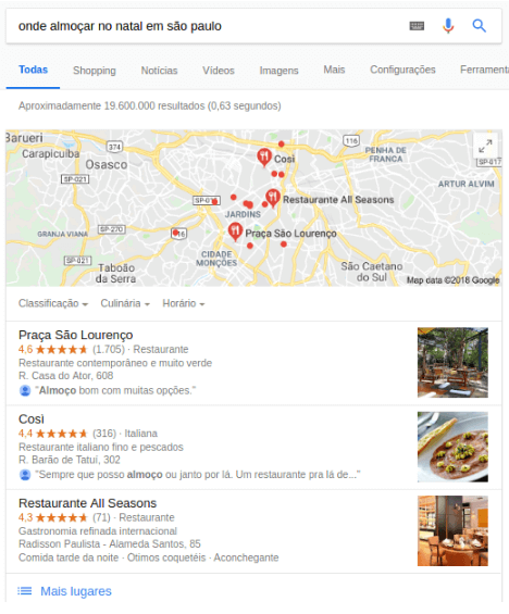 Resultados do Google Meu Negócio para busca relativa a onde almoçar no Natal.