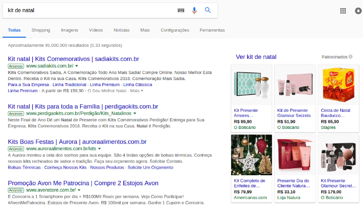 Página de resultados de busca (SERP) para o termo "kit de Natal".