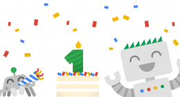 Ilustração dos personagens Googlebot e Crawler comemorando o primeiro aniversário da Central de Pesquisa Google