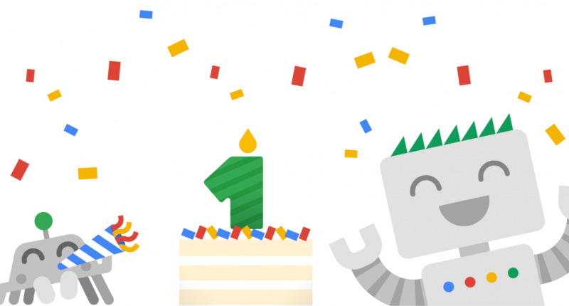 Ilustração dos personagens Googlebot e Crawler comemorando o primeiro aniversário da Central de Pesquisa Google