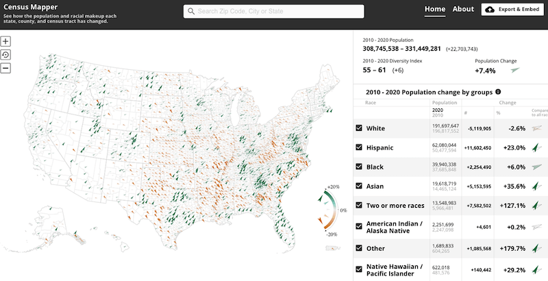 Screenshot de ferramenta do Google que permite a jornalistas visualizar e transmitir dados populacionais dos EUA