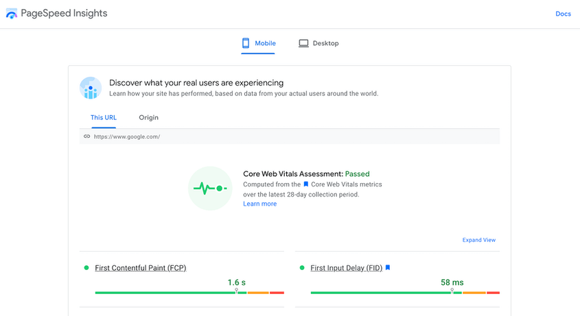 Dados de campo apresentados pelo PageSpeed Insights