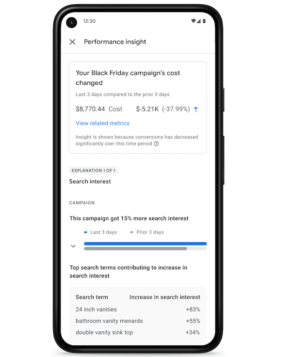 Tela do app do Google Ads mostrando insights de performance das campanhas