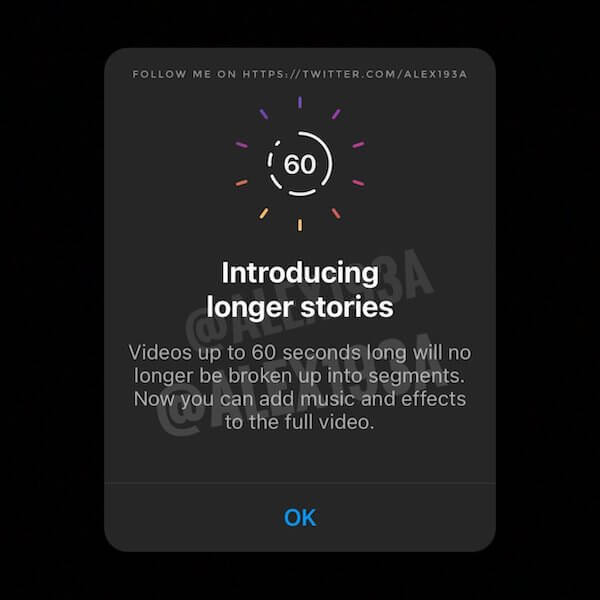 Aviso mostrado para usuários do Instagram que diz "Introduzindo stories mais longos. Vídeos de até 60 segundos não serão mais divididos em segmentos. Agora você pode adicionar música e efeitos para o vídeo completo."