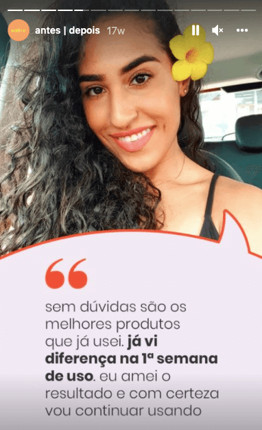 Foto de cliente da Sallve com a legenda: "Se dúvidas, são os melhores produtos que eu já usei. Já vi diferença na primeira semana de uso. Amei o resultado e com certeza vou continuar usando."