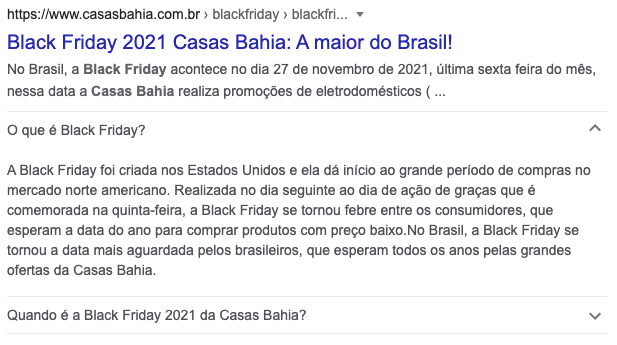 Rich Snippets de dúvidas frequentes aplicados em uma página de Black Friday das Casas Bahia