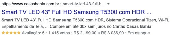 Rich Snippets de produto aplicados em uma página das Casas Bahia