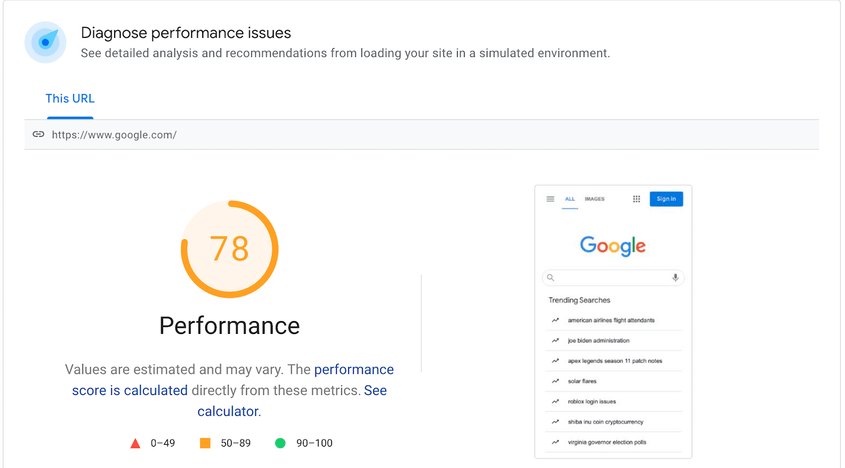 Posição da captura de tela da página no PageSpeed Insights