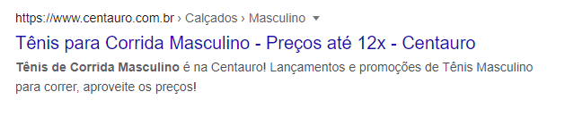 meta description resultado tênis para corrida masculino no Google 