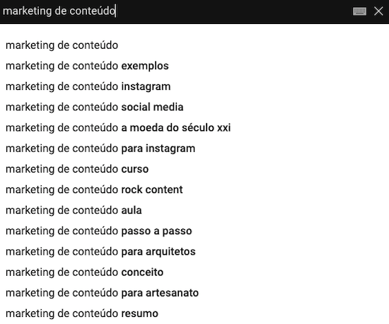 Termos relacionados para o termo "marketing de conteúdo" no YouTube
