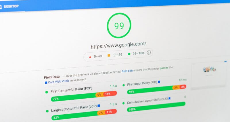 Tela de computador mostrando a aferição dos Core Web Vitals no PageSpeed Insights