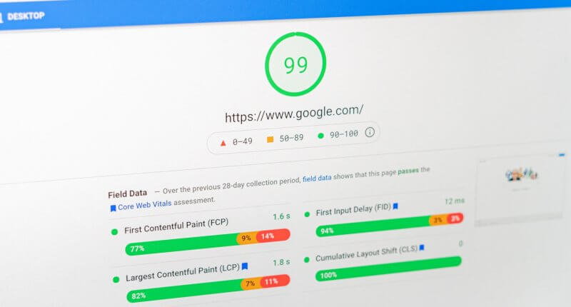 Tela de computador mostrando a aferição dos Core Web Vitals no PageSpeed Insights