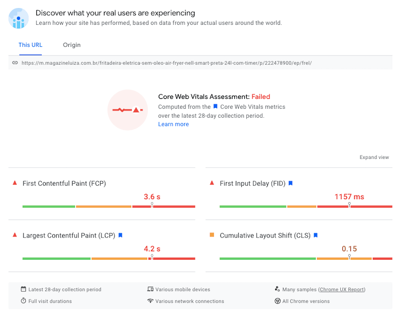 Screenshot da seção de dados de campo do PageSpeed Insights