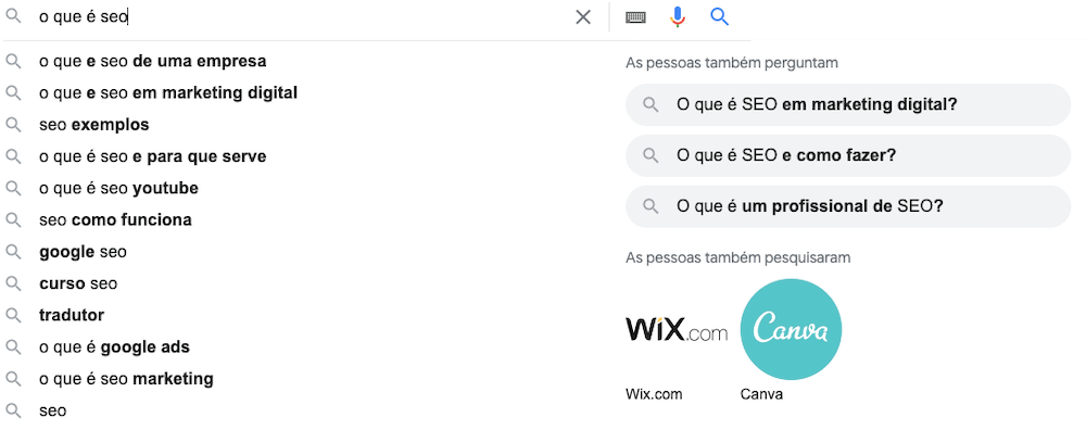 Nova interface de preenchimento automático do Google para o termo "O que é SEO"