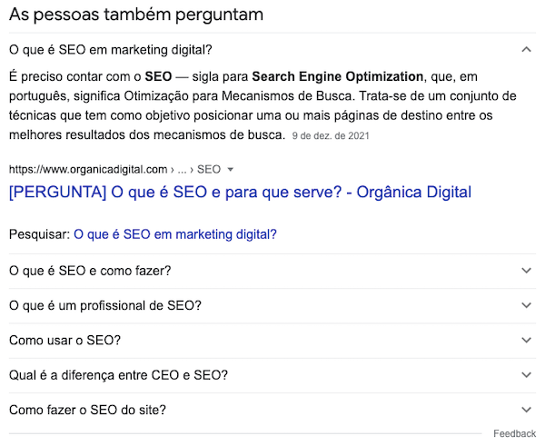 Perguntas relacionadas para o termo "O que é SEO" na SERP