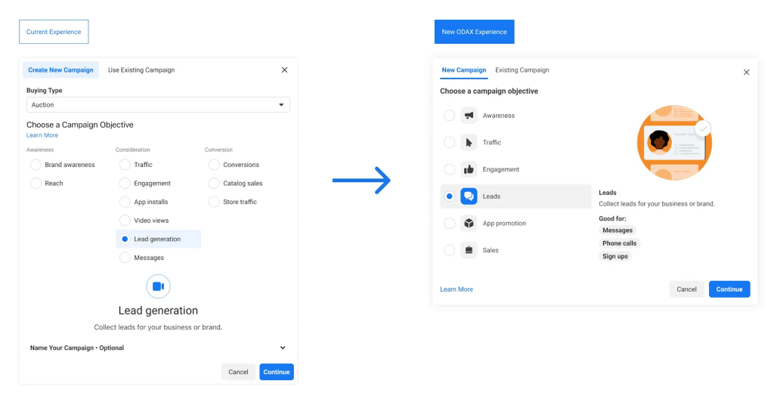 Screenshots comparando as interfaces de seleção de objetivos do Ads Manager antes e depois da implementação do ODAX