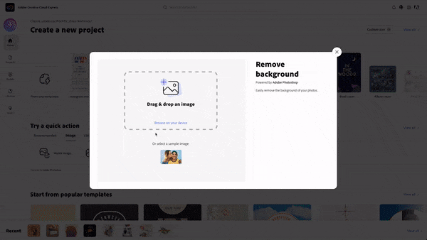 GIF mostrando o processo de remover o fundo de uma imagem no Creative Cloud Express