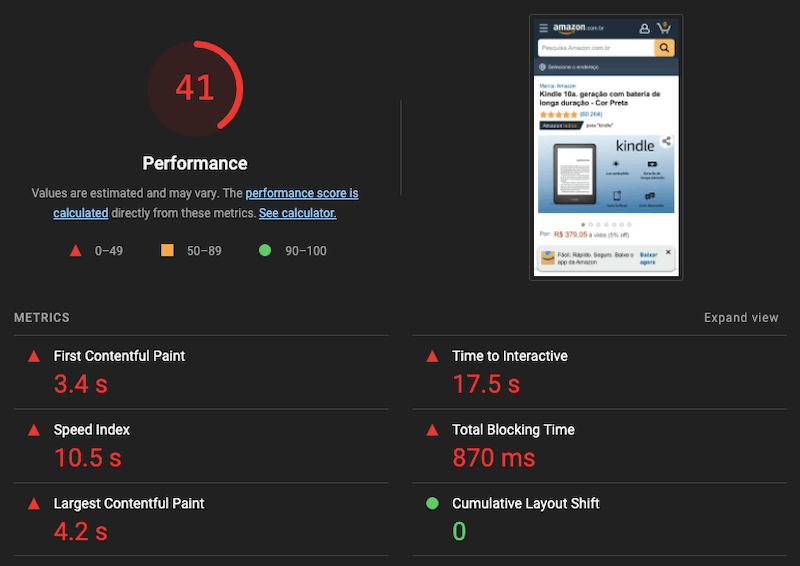 Screenshot da seção de performance do Google Lighthouse