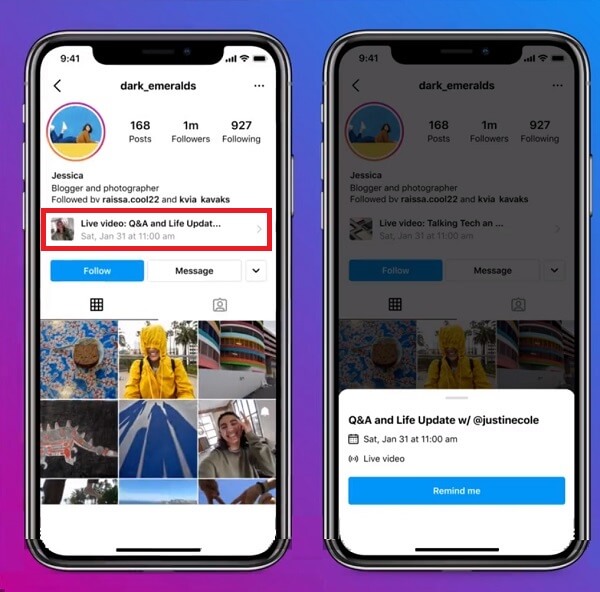 Screenshot mostrando o novo aviso de lives programadas no perfil do app do Instagram