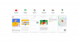 Imagem que mostra os canais que comportam campanhas Performance Max: YouTube, Display, Search, Discover, Gmail e Maps