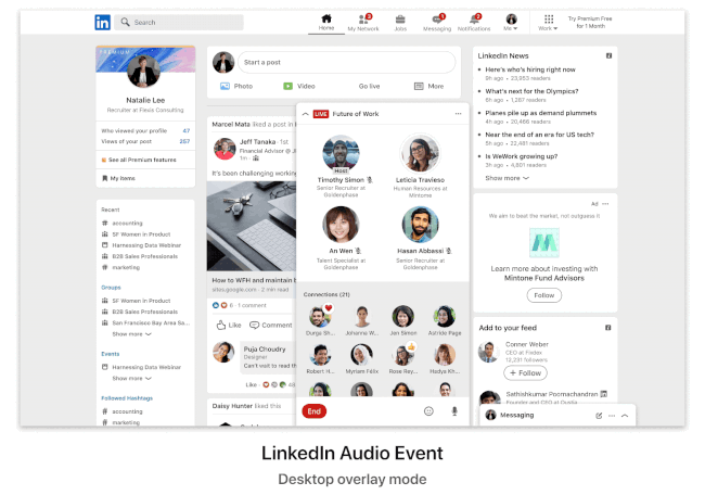Screenshot da interface de eventos em áudio do LinkedIn