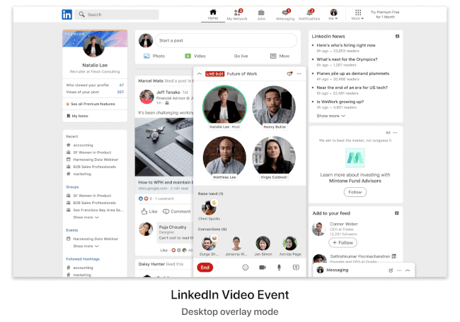 Screenshot da interface de eventos em vídeo do LinkedIn