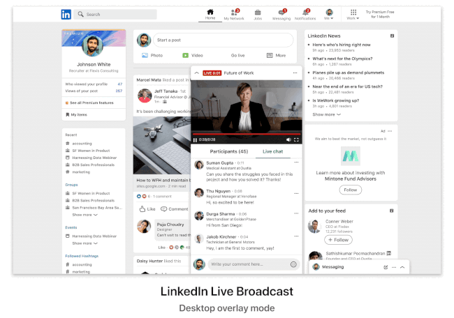 Screenshot da interface de transmissões ao vivo do LinkedIn