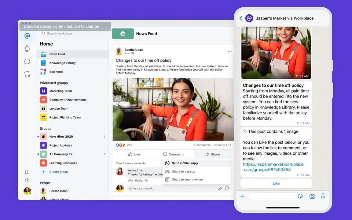Screenshot mostrando o compartilhamento de um post do Workplace no WhatsApp