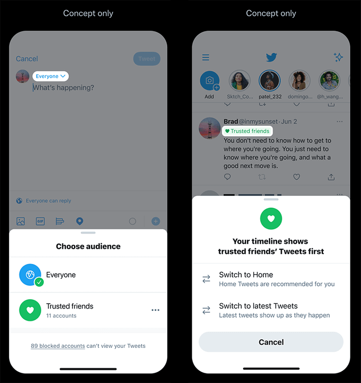 Screenshot do Twitter Flock que mostra a possibilidade de escolher entre diferentes privacidades de conteúdo