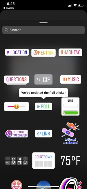 Screenshot da interface de stickers do Instagram, que mostra atualizações à figurinha de enquetes