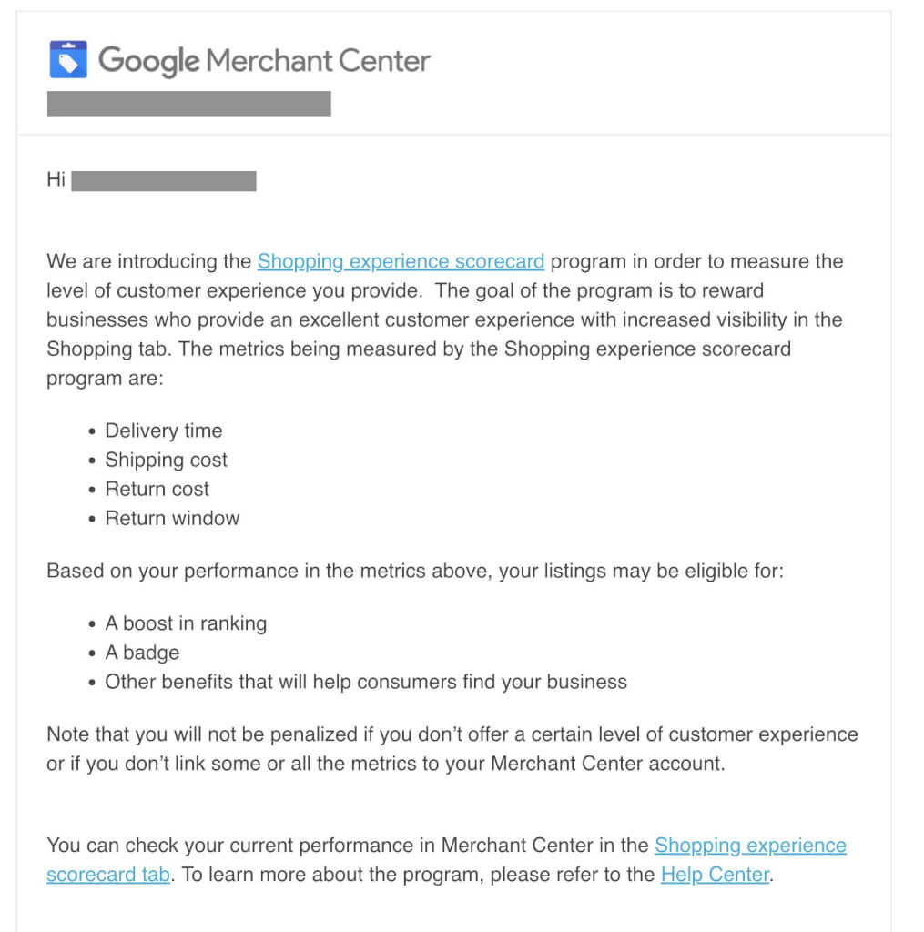 Screenshot do e-mail que o Google enviou para gerentes de conta do Gogle Shopping, anunciando a novidade Experience Scorecard