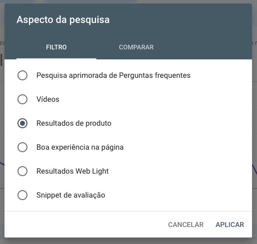 Screenshot do filtro de aspectos da pesquisa no Google Search Console