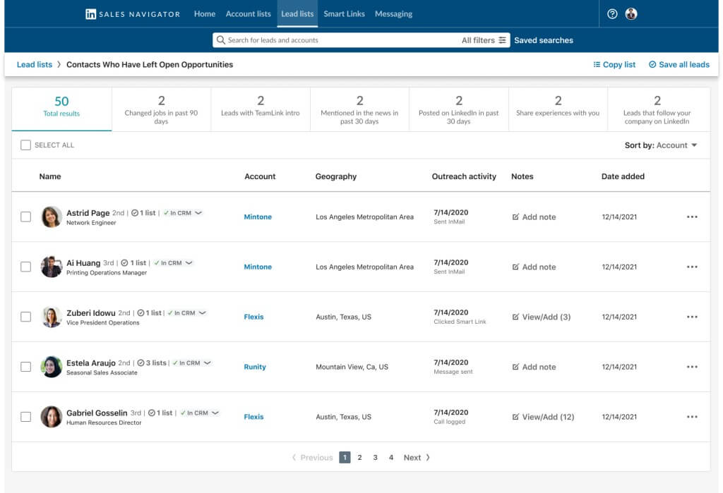 Screenshot da seção de oportunidades em aberto do LinkedIn Sales Navigator